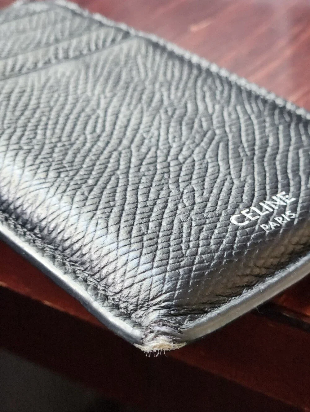 Celine Zipped Compact Card Holder In Grained Calfskin W/ Box
